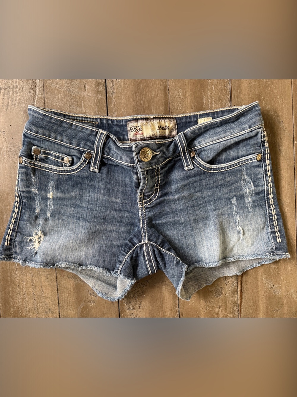 BKE Women's Faded Distressed Denim Cutoff Shorts - Blue